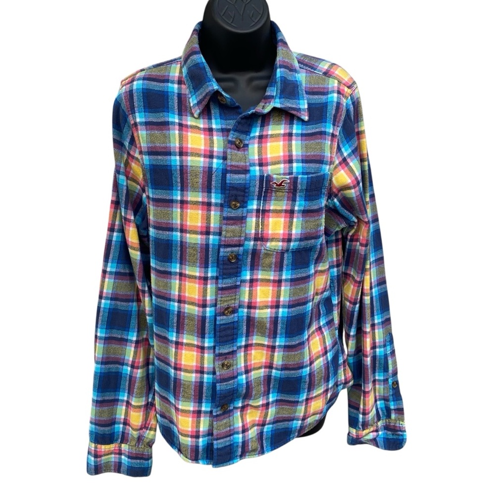 Hollister Plaid Button Down Shirt Pocket Logo Blue Yellow 100% Cotton Cowgirl